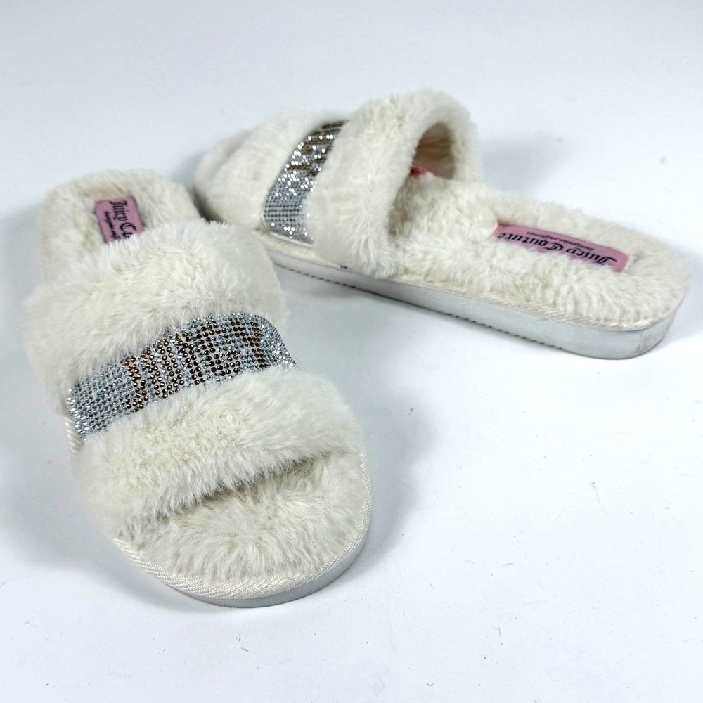Juicy‎ Couture Slippers Womens L 8-9 White Faux Fur Rhinestone Slides Y2K